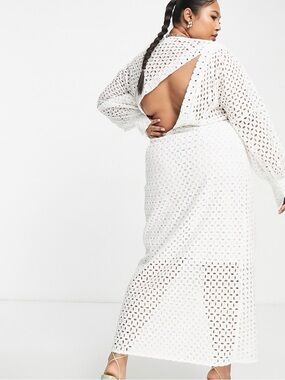 ASOS EDITION Curve wrap front eyelet midi dress blouson sleeve white US 16 NWOT